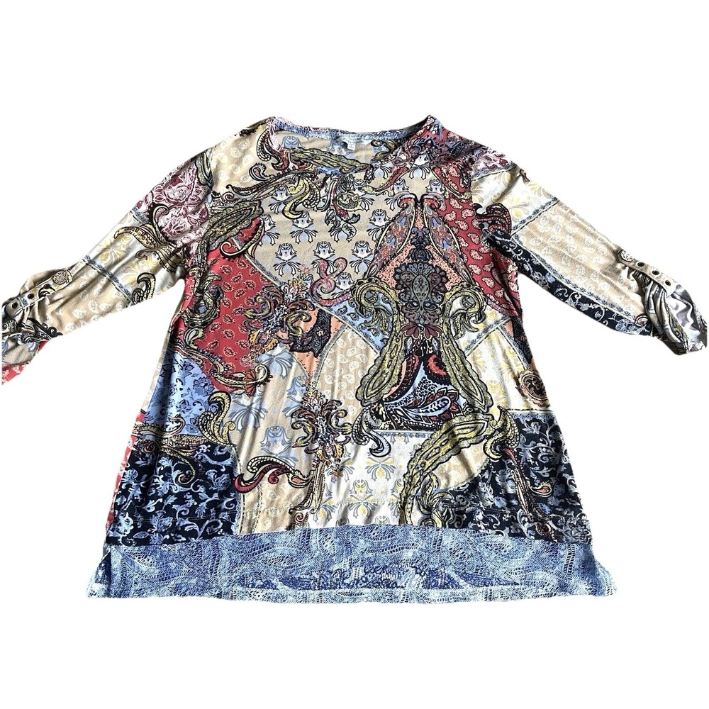 John Mark Women's Tunic Shirt Large Lace Trim Stretch Multicolor Long Sleeve